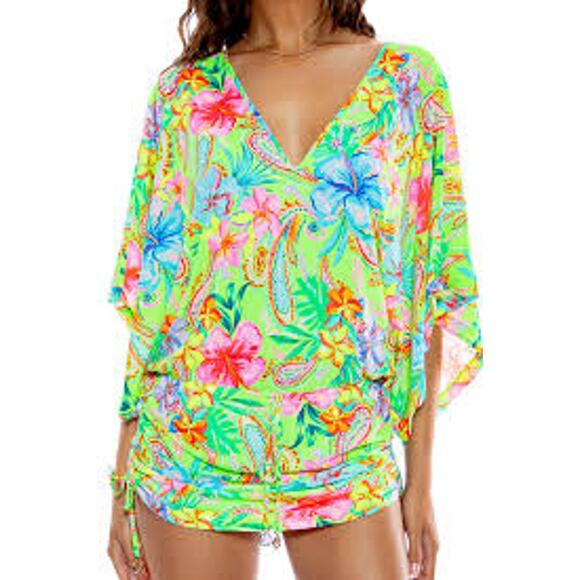LULI FAMA Hibiscus Dream Cabana Mini Dress Cover Up Kimono SEXY M L Green - Picture 8 of 8